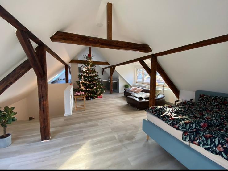 Bewohnter Wohnraum unter dem Dach mit sichtbaren dunklen Holzbalken und hellem Boden