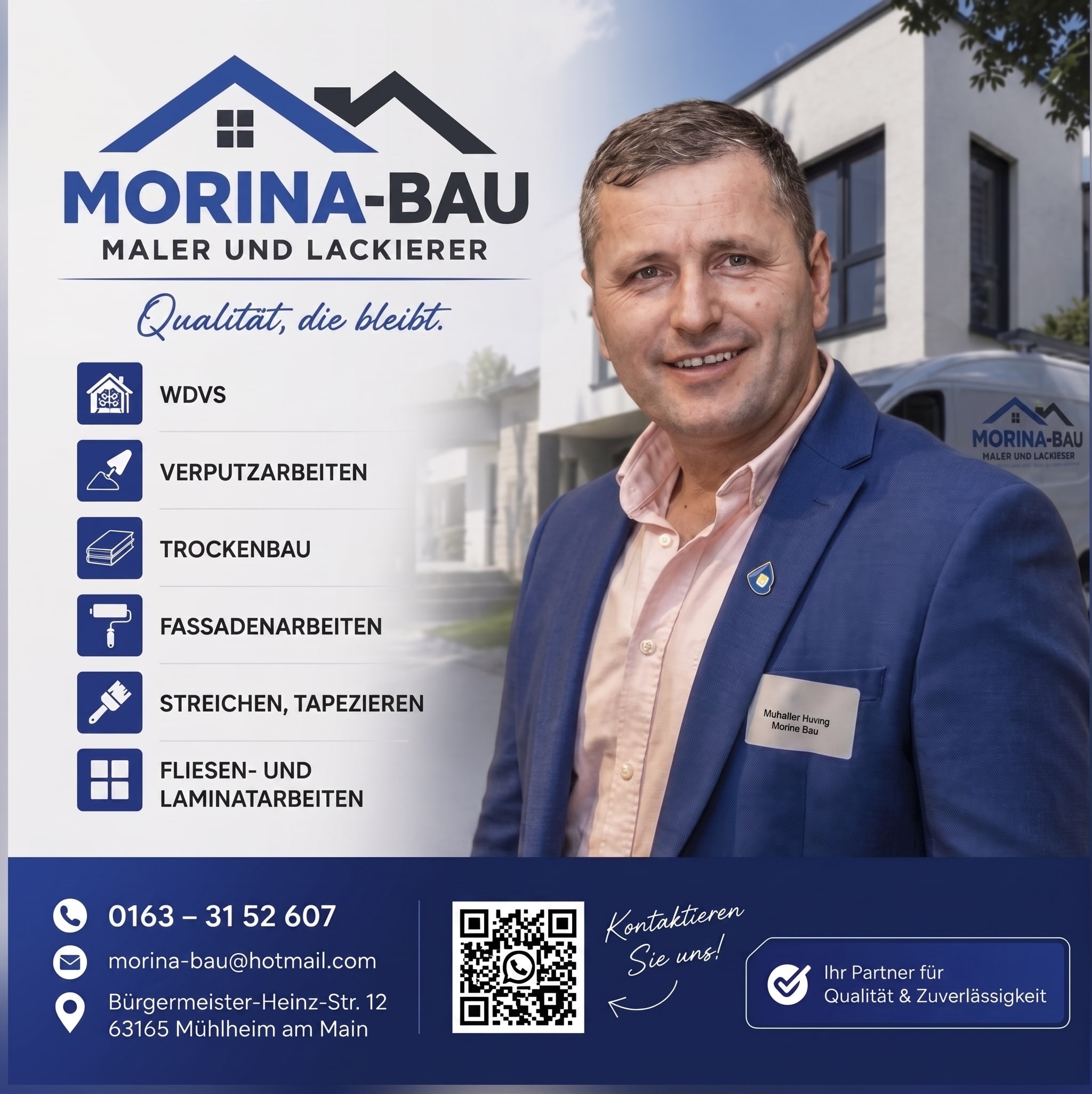Unternehmensprofil von Maler- und Lackier Morina-Bau: Logo, Leistungen WDVS, Verputzarbeiten, Trockenbau, Fassadenarbeiten, Streichen und Tapezieren, Fliesen- und Laminatarbeiten sowie Kontaktdaten