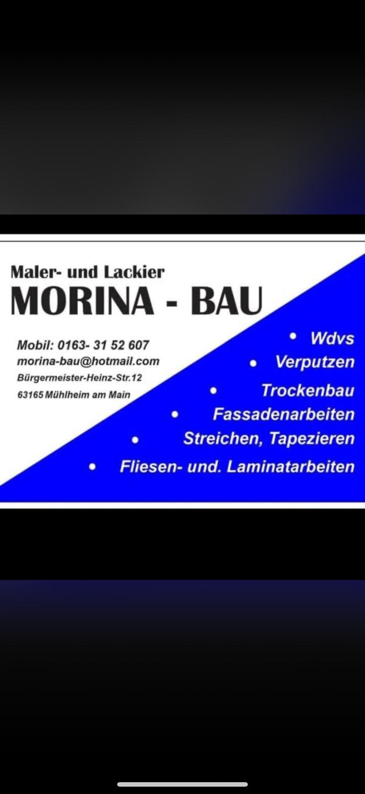 Visitenkarte von Maler- und Lackier Morina-Bau mit Kontaktdaten und Leistungen